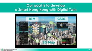 Survey and Mapping Office
Lands Department
40
Our goal is to develop
a Smart Hong Kong with Digital Twin
CSDI
3D Map
BIM
 