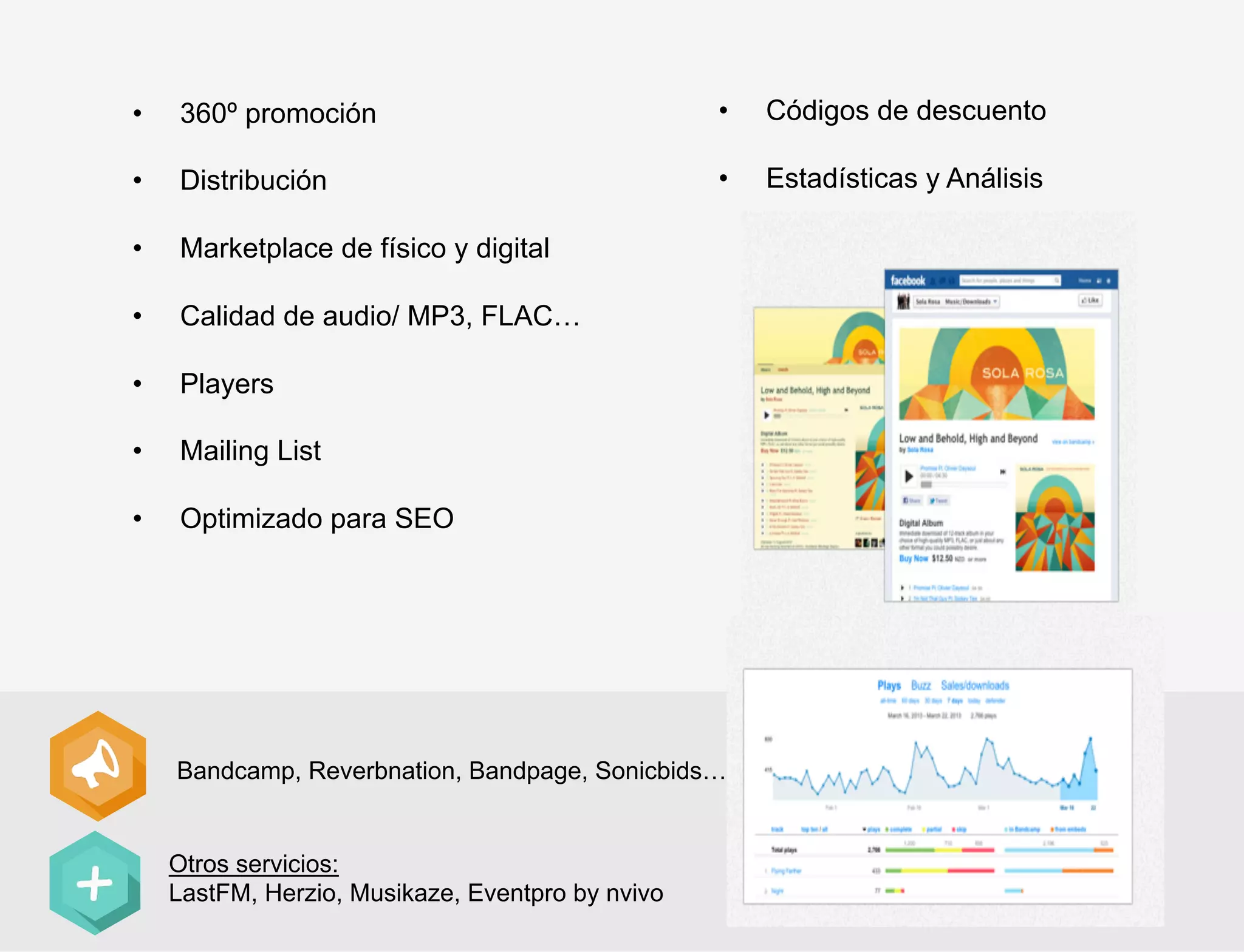 • 

360º promoción

• 

Códigos de descuento

• 

Distribución

• 

Estadísticas y Análisis

• 

Marketplace de físico y digital

• 

Calidad de audio/ MP3, FLAC…

• 

Players

• 

Mailing List

• 

Optimizado para SEO

Bandcamp, Reverbnation, Bandpage, Sonicbids…

Otros servicios:
LastFM, Herzio, Musikaze, Eventpro by nvivo

 