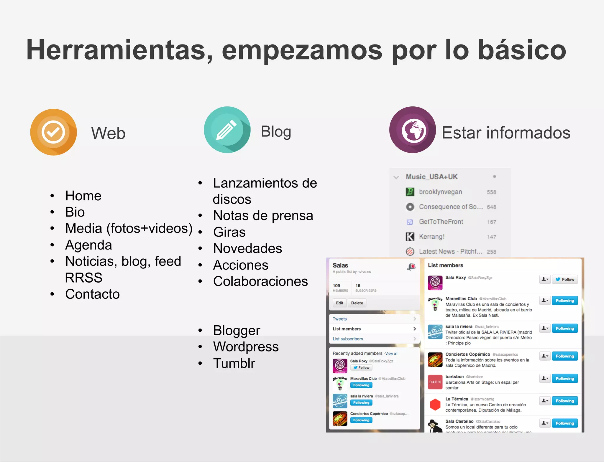 Herramientas, empezamos por lo básico
Web

• 
• 
• 
• 
• 
• 

Blog

•  Lanzamientos de
Home
discos
Bio
•  Notas de prensa
Media (fotos+videos) •  Giras
Agenda
•  Novedades
Noticias, blog, feed •  Acciones
RRSS
•  Colaboraciones
Contacto
•  Blogger
•  Wordpress
•  Tumblr

Estar informados

 