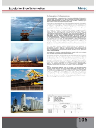 Expolosion Proof Information
Electrical equipment in hazardous areas
In electrical engineering, a hazardous location is defined as a place where concentrations of
flammable gases, vapors, or dusts occur. Electrical equipment that must be installed in such
locations is especially designed and tested to ensure it does not initiate an explosion, due to
arcing contacts or high surface temperature of equipment.
For example a household light switch may emit a small, harmless visible spark when switching;
in an ordinary atmosphere this arc is of no concern, but if a flammable vapor is present, the
arc might start an explosion. Electrical equipment intended for use in a chemical factory or
refinery is designed either to contain any explosion within the device, or is designed not to
produce sparks with sufficient energy to trigger an explosion.
Many strategies exist for safety in electrical installations. The simplest strategy is to minimize the
amount of electrical equipment installed in a hazardous area, either by keeping the
equipment out of the area altogether or by making the area less hazardous by process
improvements or ventilation with clean air. Intrinsic safety, or non-incendive equipment and
wiring methods, is a set of practices for apparatus designed with low power levels and low
stored energy. Insufficient energy is available to produce an arc that can ignite the
surrounding explosive mixture. Equipment enclosures can be pressurized with clean air or inert
gas and designed with various controls to remove power or provide notification in case of
supply or pressure loss of such gases. Arc-producing elements of the equipment can also be
isolated from the surrounding atmosphere by encapsulation, immersion in oil, sand, etc. Heat
producing elements such as motor winding, electrical heaters, including heat tracing and
lighting fixtures are often designed to limit their maximum temperature below the autoignition
temperature of the material involved. Both external and internal temperatures are taken into
consideration.
As in most fields of electrical installation, different countries have approached the
standardization and testing of equipment for hazardous areas in different ways. As world trade
becomes more important in distribution of electrical products, international standards are
slowly converging so that a wider range of acceptable techniques can be approved by
national regulatory agencies.
Area classification is required by governmental bodies, for example by the U.S. Occupational
Safety and Health Administration and compliance is enforced.
Documentation requirements are varied. Often an area classification plan-view is provided to
identify equipment ratings and installation techniques to be used for each classified plant
area. The plan may contain the list of chemicals with their group and temperature rating, and
elevation details shaded to indicate Class, Division(Zone) and group combination. The area
classification process would require the participation of operations, maintenance, safety,
electrical and instrumentation professionals, the use of process diagrams and material flows,
material safety data sheet and any pertinent documents, information and knowledge to
determine the hazards and their extent and the countermeasures to be employed. Area
classification documentations are reviewed and updated to reflect process changes.
History
Soon after the introduction of electric power into coal mines, it was discovered that lethal
explosions could be initiated by electrical equipment such as lighting, signals, or motors. The
hazard of fire damp or methane accumulation in mines was well known by the time electricity
was introduced, along with the danger of suspended coal dust. At least two British mine
explosions were attributed to an electric bell signal system. In this system, two bare wires were
run along the length of a drift, and any miner desiring to signal the surface would momentarily
touch the wires to each other or bridge the wires with a metal tool. The inductance of the
signal bell coils, combined with breaking of contacts by exposed metal surfaces, resulted in
sparks which could ignite methane, causing an explosion.
ABBREVIATIONS
OFF-SHORE Marine application Harsh Enviroment
SWA Steel wire armored
AWA Aluminium wire armored
SWB Steel wire braid
PWA Pliable wire armored
STA Steel tape armored
FUNCTION DESCRIPTION
Sealing of
the cable
Screen-
Armor of the
cable
Traction
Relief
Double
Sealing
cable and
jacket
1 Function X
2 Function X X
3 Function X X X
4 Function X X X X
106
 