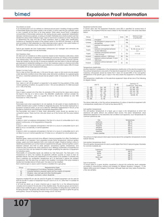 Expolosion Proof Information
Gas divisions or zones
In an industrial plant such as a refinery or chemical process plant, handling of large quantities
of flammable liquids and gases creates a risk of leaks. In some cases the gas, ignitable vapor
or dust is present all the time or for long periods. Other areas would have a dangerous
concentration of flammable substances only during process upsets, equipment deterioration
between maintenance periods, or during an incident. Refineries and chemical plants are then
divided into areas of risk of release of gas, vapor or dust known as divisions or zones. The process
of determining the type and size of these hazardous areas is called area classification.
Guidance on assessing the extent of the hazard is given in the NFPA 497 Standard, or API 500
and according to their adaptation by other areas gas zones is given in the current edition of
IEC 60079.10. For hazardous dusts, the guiding standard is IEC 61421.10.
Typical gas hazards are from hydrocarbon compounds, but hydrogen and ammonia are
common industrial gases that are flammable.
Non-Hazardous Area
An area such as a residence or office would be classed as Non Hazardous (safe area), where
the only risk of a release of explosive or flammable gas would be such things as the propellant
in an aerosol spray. The only explosive or flammable liquid would be paint and brush cleaner.
These are classed as very low risk of causing an explosion and are more of a fire risk (although
gas explosions in residential buildings do occur). Non hazardous areas on chemical and other
plant are present where the hazardous gas is diluted to a concentration below 25% of its lower
flammability limit (or lower explosive limit (LEL)).
Division 2 or Zone 2 area
This is a step up from the safe area. In this zone the gas, vapor or mist would only be present
under abnormal conditions (most often leaks under abnormal conditions). As a general guide
for Zone 2, unwanted substances should only be present under 10 hours/year or 0–0.1% of the
time.
Division 1 or Zone 1 area
Gas, vapor or mist will be present or expected to be present for long periods of time under
normal operating conditions. As a guide for Zone 1, this can be defined as 10–1000 hours/year
or 0.1–10% of the time.
Zone 0 area
Gas or vapor is present all of the time. An example of this would be the vapor space above
the liquid in the top of a tank or drum. The ANSI/NEC classification method consider this
environment a Division1 area. As a guide for Zone 0, this can be defined as over 1000
hours/year or 10% of the time.
Dust zones
Flammable dusts when suspended in air can explode. An old system of area classification to
a British standard used a system of letters to designate the zones. This has been replaced by a
European numerical system, as set out in directive 1999/92/EU implemented in the UK as the
Dangerous Substances and Explosives Atmospheres Regulations 2002
The boundaries and extent of these three dimensional zones should be decided by a
competent person. There must be a site plan drawn up of the factory with the zones marked
on.
The zone definitions are:
Zone 20
A place in which an explosive atmosphere in the form of a cloud of combustible dust in air is
present continuously, or for long periods or frequently.
Zone 21
A place in which an explosive atmosphere in the form of a cloud of combustible dust in air is
likely to occur, occasionally, in normal operation.
Zone 22
A place in which an explosive atmosphere in the form of a cloud of combustible dust in air is
not likely to occur in normal operation but, if it does occur, will persist for a short period only.
Gas groups
Explosive gases, vapors and dusts have different chemical properties that affect the likelihood
and severity of an explosion. Such properties include flame temperature, minimum ignition
energy, upper and lower explosive limits, and molecular weight. Empirical testing is done to
determine parameters such as the maximum experimental safe gap, minimum ignition current,
explosion pressure and time to peak pressure, spontaneous ignition temperature, and
maximum rate of pressure rise. Every substance has a differing combination of properties but
it is found that they can be ranked into similar ranges, simplifying the selection of equipment
for hazardous areas.
Flammability of combustible liquids are defined by their flash-point. The flash-point is the
temperature at which the material will generate sufficient quantity of vapor to form an
ignitable mixture. The flash point determines if an area needs to be classified. A material may
have a relatively low autoignition temperature yet if its flash-point is above the ambient
temperature, then the area may not need to be classified. Conversely if the same material is
heated and handled above its flash-point, the area must be classified.
Each chemical gas or vapour used in industry is classified into a gas group.
Group Representative Gases
I All Underground Coal Mining. Firedamp (methane)
IIA Industrial methane, propane, petrol and the majority of industrial
IIB Ethylene, coke oven gas and other industrial gases
IIC Hydrogen, acetylene, carbon disulphide
Apparatus marked IIB can also be used for IIA gases. IIC marked equipment can be used for
both IIA and IIB. If a piece of equipment has just II and no A, B, or C after then it is suitable for
any gas group.
A list must be drawn up of every chemical gas or vapor that is on the refinery/chemical
complex and included in the site plan of the classified areas. The above groups are formed in
order of how volatile the gas or vapor would be if it was ignited, IIC being the most volatile and
IIA being the least. The groups also indicate how much energy is required to ignite the gas by
spark ignition, Group IIA requiring the most energy and IIC the least.
Equipment protection level
In recent years also the Equipment Protection Level (EPL) is specified for several kinds of
protection. The required Protection level is linked to the intended use in the zones described
below:
Group Ex risk Zone EPL
Minimum type
of protection
I (mines) energized Ma
I (mines)
de-energized in presence of Ex
atmosphere
Mb
II (gas)
explosive atmosphere  1000
hrs/yr
0 Ga ia, ma
II (gas)
explosive atmosphere between
10 and 1000 hrs/yr
1 Gb
ib, mb, px, py, e, o,
q, s
II (gas)
explosive atmosphere between
1 and 10 hrs/yr
2 Gc n, ic, pz
III (dust) explosive surface  1000 hrs/yr 20 Da
III (dust)
explosive surface between 10 and
1000 hrs/yr
21 Db
III (dust)
explosive surface between 1 and
10 hrs/yr
22 Dc
Temperature classification
Another important consideration is the temperature classification of the electrical equipment.
The surface temperature or any parts of the electrical equipment that may be exposed to the
hazardous atmosphere should be tested that it does not exceed 80% of the auto-ignition
temperature of the specific gas or vapor in the area where the equipment is intended to be
used.
The temperature classification on the electrical equipment label will be one of the following
(in degree Celsius):
USA °C UK °C
Germany °C
Continuous - Short Time
T1 - 450 T3A - 180 T1 - 450 G1: 360 - 400
T2 - 300 T3B - 165 T2 - 300 G2: 240 - 270
T2A - 280 T3C - 160 T3 - 200 G3: 160 - 180
T2B - 260 T4 - 135 T4 - 135 G4: 110 - 125
T2C - 230 T4A - 120 T5 - 100 G5: 80 - 90
T2D - 215 T5 - 100 T6 - 85
T3 - 200 T6 - 85
The above table tells us that the surface temperature of a piece of electrical equipment with
a temperature classification of T3 will not rise above 200 °C.
Auto-ignition temperatures
The auto-ignition temperature of a liquid, gas or vapor is the temperature at which the
substance will ignite without any external heat source. The exact temperature value
determined depends on the laboratory test conditions and apparatus. Such temperatures for
common substances are:
Gas Temperature
Methane 580 °C
Hydrogen 560 °C
Propane 493 °C
Ethylene 425 °C
Acetylene 305 °C
Naphtha 290 °C
Carbon disulfide 102 °C
The surface of a high pressure steam pipe may be above the autoignition temperature of some
fuel/air mixtures.
Auto-ignition temperatures (dust)
The auto-ignition temperature of a dust is usually higher than that of vapours  gases. Examples
for common materials are:
Substance Temperature
Sugar 460 °C
Wood 340 °C
Flour 340 °C
Grain dust 300 °C
Tea 300 °C
Type of protection
To ensure safety in a given situation, equipment is placed into protection level categories
according to manufacture method and suitability for different situations. Category 1 is the
highest safety level and Category 3 the lowest. Although there are many types of protection,
a few are detailed.
107
 