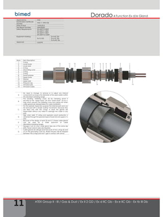 11
4 Function Ex d/e GlandDorado
123456789101112
13 14
Items Item Description
1 O-ring
2 Lower body
3 Lower seal
4 O-ring
5 Grounding cone
6 O-ring
7 O-ring
8 Swivel retainer
9 Upper body
10 Washer
11 Upper seal
12 Pressure Cap
13 Armored wire
14 Armored Cable
A
No need to change, to remove or to adjust any internal
components as long as the diameter of the used cable is within
the declared clamping range.
B
The swiveling “shielding cone” (5) for clamping armor is
secured to the “upper body” (9) and “lower body” (2) by o-
rings which prevent the shielding cone from being lost when
cable glands are disassembled for cable installation.
C
For the periodic inspection purpose the internal parts and can
be removed with a simple "pulling" movement, because they
are fixed only with the o-rings. In result the glands are
inspectable without any need to damage the cable or any
part.
D
High strain relief, IP rating and explosion proof protection is
obtained through the special shape of lower (3) and upper (11)
seal.
E
Because of the design of seals (3) and (11) these cable glands
can be used for a wider spectrum of cable
diameters/clamping ranges.
F
Hexagon nuts for most cable gland sizes are of the same size
(SW). Fewer wrench sizes are required.
G
Cable glands are deluge proof because of two o-rings (6) and
(7) on the grounding cone (5). Water intrusion will be trapped
between the o-rings and won’t get in contact with armor.
ATEX Group II - III / Gas & Dust / Ex II 2 GD / Ex d IIC Gb - Ex e IIC Gb - Ex tb III Db
Approved by IMQ
Examination Certificate
Number
IMQ 11 ATEX 036
Date of Issue 14.05.2012
Test Report Number 43AL00050
Safety Requirements EN 60079-0:2009
EN 60079-1:2007
EN 60079-7:2007
EN 60079-31:2009
Equipment Marking
Ex II 2 GD
Ex d IIC Gb
Ex e IIC Gb
Ex tb IIIC Db
Approved GOST"R"
 
