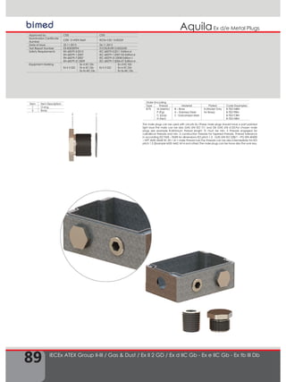 89
Ex d/e Metal PlugsAquila
IECEx ATEX Group II-III / Gas & Dust / Ex II 2 GD / Ex d IIC Gb - Ex e IIC Gb - Ex tb III Db
12
Approved by CESI CESI
Examination Certificate
Number
CESI 13 ATEX 066X IECEx CES 13.0022X
Date of Issue 22.11.2013 26.11.2013
Test Report Number EX-B3030994 IT/CES/ExTR13.0023/00
Safety Requirements EN 60079-0:2012
EN 60079-1:2007
EN 60079-7:2007
EN 60079-31:2009
IEC 60079-0:2011 Edition:6
IEC 60079-1:2007-04 Edition:6
IEC 60079-31:2008 Edition:1
IEC 60079-7:2006-07 Edition:4
Equipment Marking
Ex II 2 GD
Ex d IIC Gb
Ex e IIC Gb
Ex tb IIIC Db
Ex II 2 GD
Ex d IIC Gb
Ex e IIC Gb
Ex tb IIIC Db
The male plugs can be used with circuits Ex i.These male plugs should have a part painted
light blue.The male can be also GAS UNI ISO 7/1 and GK GAS UNI 6125.For chosen male
plugs see example B.Minimum thread lenght :TL must be min. 5 threads engaged for
cylindirical threads and min. 5 construction threads for tapered threads. Thread tolerance
in according ISO 965I – 965III for dimensions ISO pitch 1,5 - GAS UNI ISO 228/1 – PG DIN 40430
– NPT ANSI ASME B1.20.1 M = male thread hub.The threads can be also intermediate for ISO
pitch 1,5 (Example M33; M42; M14 and other).The male plugs can be have also the sunk key.
Item Item Description
1 O-ring
2 Body
Order Encoding
Type Thread Material Plated Code Exsamples
B-TS M (Metric)
P (Pg)
C (Gas)
N (Npt)
B – Brass
X – Stainless Steel
Z - Galvanized steel
N (Nickel Only
for Brass)
B-TS01MBN
B-TS01PBN
B-TS01CBN
B-TS01NBN
 