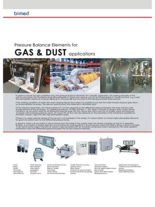 In order to choose the right ventilation plug unit (pressure balance elements) for a specific application, the working principles of the
unit must be known first Ventilation plugs are permeable to "gases and vapours, e.g. air" but impermeable to "liquids and dust, e.g. water".
The permeability resistance to liquids depends on the pore size and structure of the membrane inside these devices.
If the working conditions of water (the most common liquid) are studied, it is possible to say that the water intrusion pressure goes down
as air permeability increases. The relevant specifications are collected in tabulated data.
Of the relevant parameters, the "Pressure Balance" function depends on the differantial pressure between the inner and the outer
environnements of the enclosure. As a reference pressure, 70 mBar (70mBar = 1 Psi) value is choosen to present data. Under normal
conditions, air circulation exists for all differential pressure levels. But the volume flow rate is very low for smaller values and obviously
increases with increasing pressure values. Of course the air flow rate also depends on the properties of the membrane (classified as
standard, medium, high and ultra high permeability types).
If there is no water pressure danger (if the device is not immersed in the water), it is always better to choose highly permeable elements
for good circulation even for low differantial pressure levels.
In essence, there is air circulation in the enclosure from the inside to the outside when the device is heating up due to its operation.
Similarly, a circulation in reverse direction occurs during the cooling period. It should also be noted that there is always a level of humidity
in air, hence some water in the form of vapour is also circulated with air. However condensed water is blocked by the water repellent
membrane unless the differential pressure exceeds the intrusion pressure threshold.
 