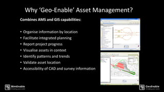 Why ‘Geo-Enable’ Asset Management?
Combines AMS and GIS capabilities:
• Organise information by location
• Facilitate integrated planning
• Report project progress
• Visualise assets in context
• Identify patterns and trends
• Validate asset location
• Accessibility of CAD and survey information
 