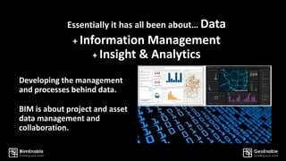 Developing the management
and processes behind data.
+ Information Management
+ Insight & Analytics
BIM is about project and asset
data management and
collaboration.
Essentially it has all been about… Data
 
