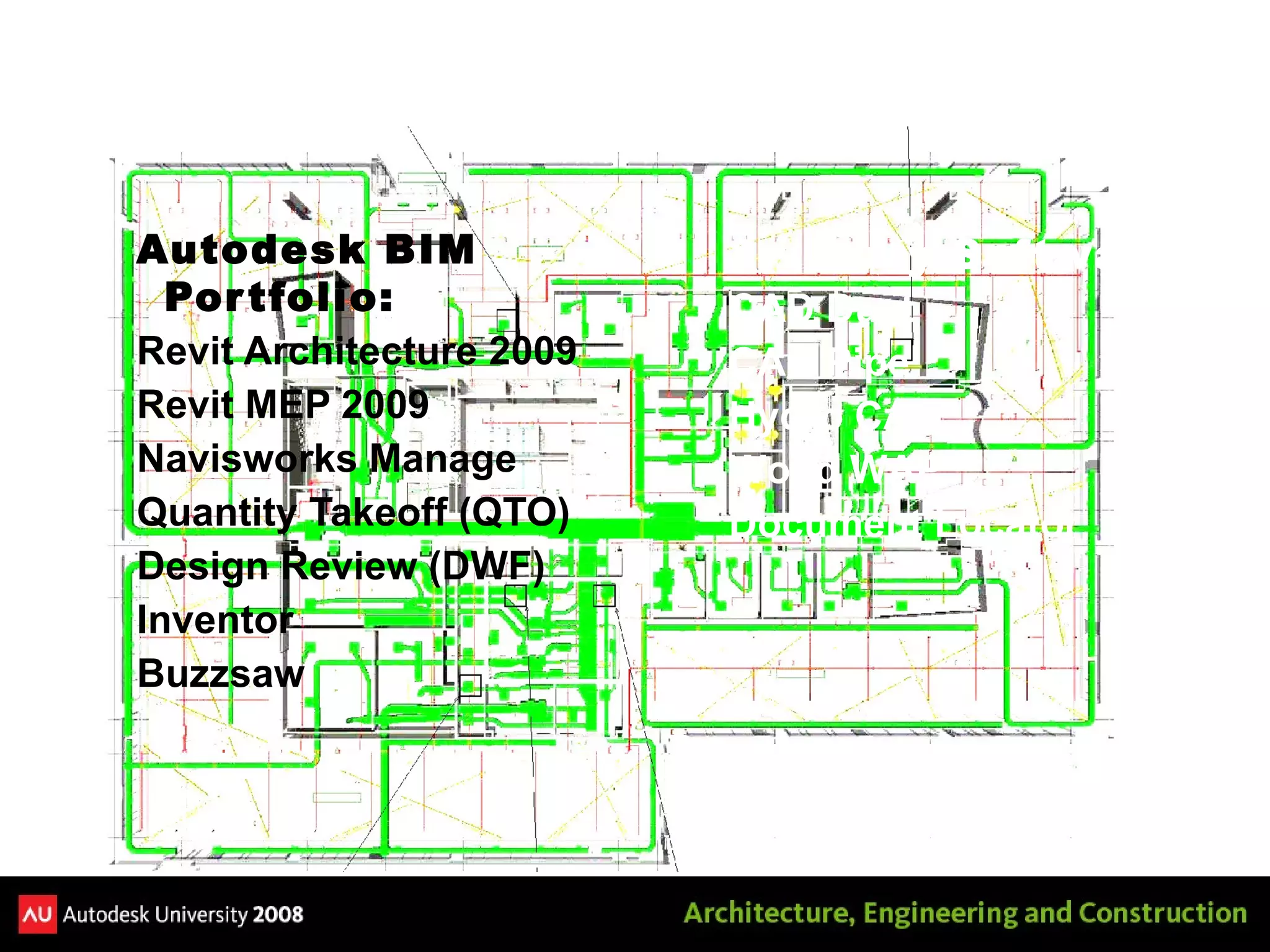 Autodesk BIM Portfolio: Revit Architecture 2009 Revit MEP 2009 Navisworks Manage Quantity Takeoff (QTO) Design Review (DWF) Inventor Buzzsaw Software Selection 3 rd  Party Software: CAD Duct CAD Pipe Hydro CAD Wood WAP Document Locator 