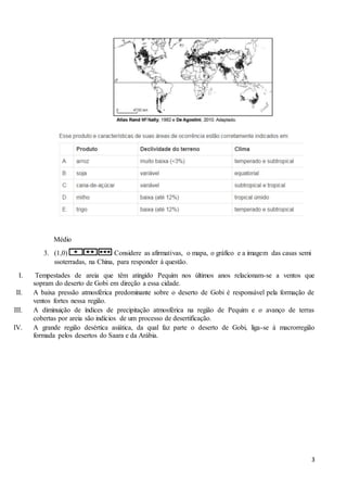 3
Médio
3. (1,0) Considere as afirmativas, o mapa, o gráfico e a imagem das casas semi
ssoterradas, na China, para responder à questão.
I. Tempestades de areia que têm atingido Pequim nos últimos anos relacionam-se a ventos que
sopram do deserto de Gobi em direção a essa cidade.
II. A baixa pressão atmosférica predominante sobre o deserto de Gobi é responsável pela formação de
ventos fortes nessa região.
III. A diminuição de índices de precipitação atmosférica na região de Pequim e o avanço de terras
cobertas por areia são indícios de um processo de desertificação.
IV. A grande região desértica asiática, da qual faz parte o deserto de Gobi, liga-se à macrorregião
formada pelos desertos do Saara e da Arábia.
 