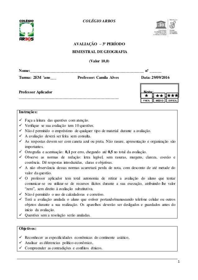 Exemplo de Avaliação Ensino médio.