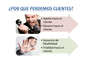 • Apatía hacia el
cliente.
• Desaire hacia el
cliente.
• Ausencia de
flexibilidad.
• Frialdad hacia el
cliente.
 