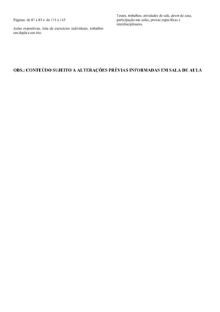 Testes, trabalhos, atividades de sala, dever de casa,
Páginas: de 07 à 83 e de 131 à 145                              participação nas aulas, provas específicas e
                                                                interdisciplinares.
Aulas expositivas, lista de exercícios individuais, trabalhos
em dupla e em trio.




OBS.: CONTEÚDO SUJEITO A ALTERAÇÕES PRÉVIAS INFORMADAS EM SALA DE AULA
 