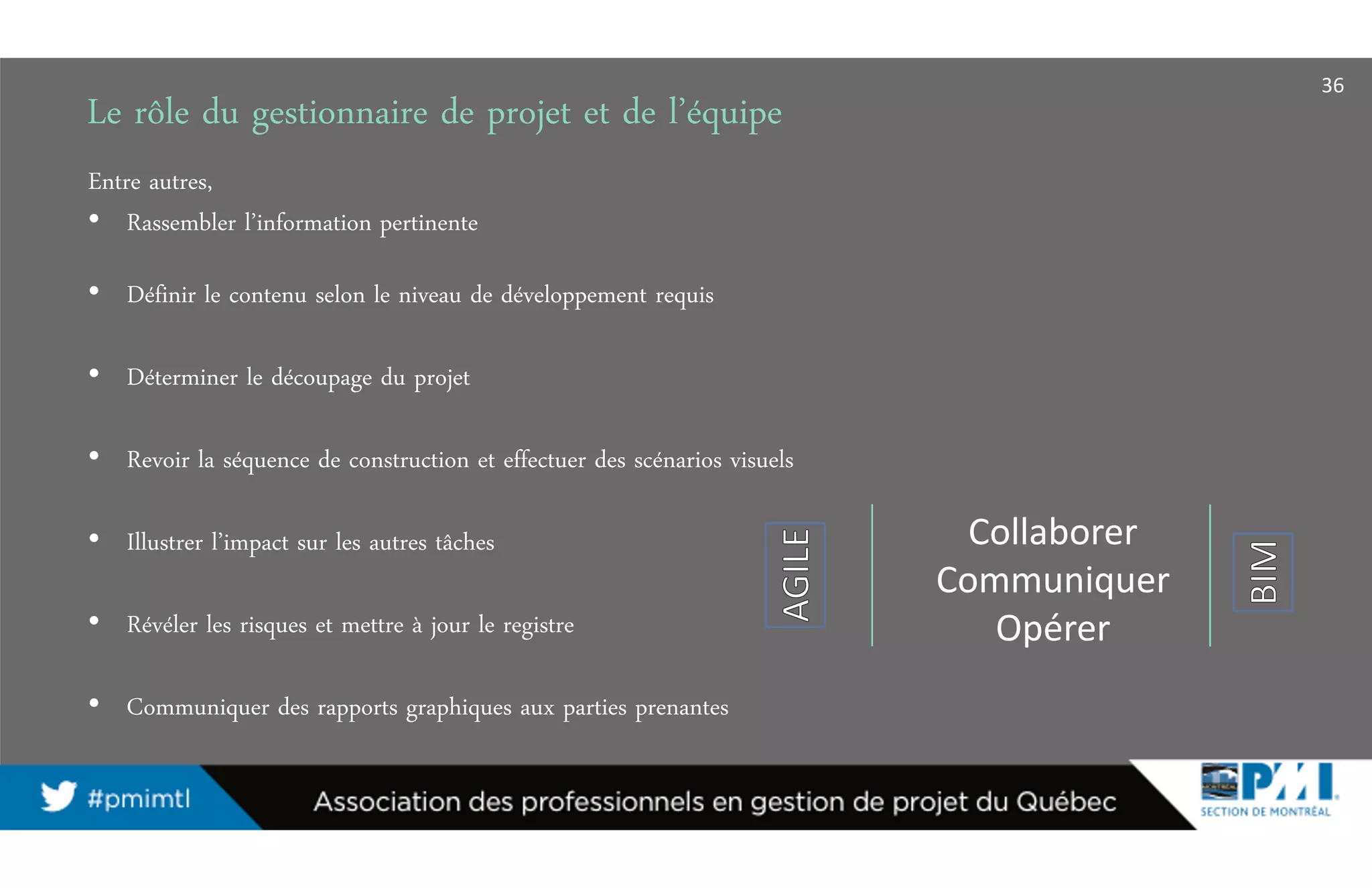 Le rôle du gestionnaire de projet et de l’équipe
36
Entre autres,
• Rassembler l’information pertinente
• Définir le contenu selon le niveau de développement requis
• Déterminer le découpage du projet
• Revoir la séquence de construction et effectuer des scénarios visuels
• Illustrer l’impact sur les autres tâches
• Révéler les risques et mettre à jour le registre
• Communiquer des rapports graphiques aux parties prenantes
Collaborer
Communiquer
Opérer