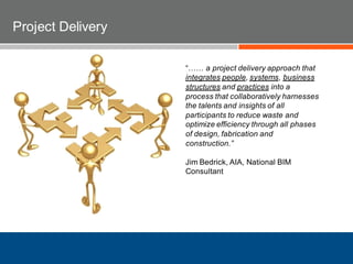 “…… a project delivery approach that
integrates people, systems, business
structures and practices into a
process that collaboratively harnesses
the talents and insights of all
participants to reduce waste and
optimize efficiency through all phases
of design, fabrication and
construction.”
Jim Bedrick, AIA, National BIM
Consultant
Project Delivery
 