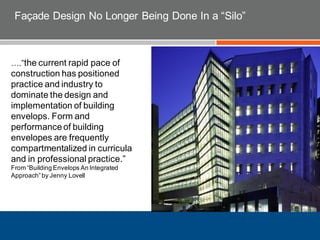 Façade Design No Longer Being Done In a “Silo”
….”the current rapid pace of
construction has positioned
practice and industry to
dominate the design and
implementation of building
envelops. Form and
performanceof building
envelopes are frequently
compartmentalized in curricula
and in professional practice.”
From “Building Envelops An Integrated
Approach”by Jenny Lovell
 