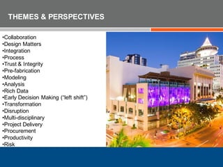 • Agenda
THEMES & PERSPECTIVES
•Collaboration
•Design Matters
•Integration
•Process
•Trust & Integrity
•Pre-fabrication
•Modeling
•Analysis
•Rich Data
•Early Decision Making (“left shift”)
•Transformation
•Disruption
•Multi-disciplinary
•Project Delivery
•Procurement
•Productivity
•Risk
 