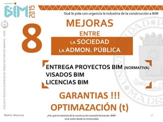 MEJORAS
ENTRE
LA SOCIEDAD
LA ADMON. PÚBLICA
17Madrid, 28/04/2105 ¿Por qué la industria de la construcción necesita formación BIM?
Una visión desde la Universidad
ESCUELATÉCNICASUPERIORDEARQUITECTURADEMADRID-UPM
8
GARANTIAS !!!
OPTIMAZACIÓN (t)
ENTREGA PROYECTOS BIM (NORMATIVA)
VISADOS BIM
LICENCIAS BIM
Qué le pide con urgencia la industria de la construcción a BIM
 