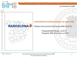 36
BARCELONA
UNIVERSIDAD INTERNACIONAL DE CATALUÑA
•Master Internacional de Procesos BIM. 60 ECTs
Postgrado BIM_Ready. 20 ECTs
Posgrado BIM_Technical. 40 ECTs
La Formación en BIM
ESCUELATÉCNICASUPERIORDEARQUITECTURADEMADRID-UPM
Madrid, 28/04/2105 ¿Por qué la industria de la construcción necesita formación BIM?
Una visión desde la Universidad
 