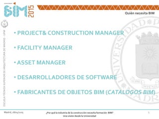 5
• PROJECT& CONSTRUCTION MANAGER
• FACILITY MANAGER
• ASSET MANAGER
• DESARROLLADORES DE SOFTWARE
• FABRICANTES DE OBJETOS BIM (CATALOGOS BIM)
Madrid, 28/04/2105 ¿Por qué la industria de la construcción necesita formación BIM?
Una visión desde la Universidad
ESCUELATÉCNICASUPERIORDEARQUITECTURADEMADRID-UPM
Quién necesita BIM
 