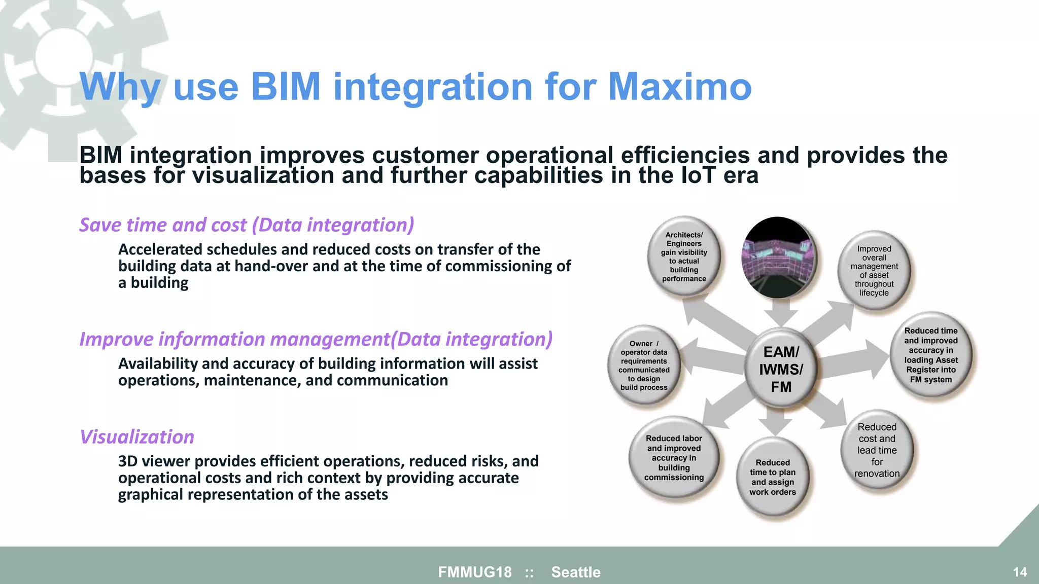 Why use BIM integration for Maximo
FMMUG18 :: Seattle 14
BIM integration improves customer operational efficiencies and provides the
bases for visualization and further capabilities in the IoT era
Save time and cost (Data integration)
Accelerated schedules and reduced costs on transfer of the
building data at hand-over and at the time of commissioning of
a building
Improve information management(Data integration)
Availability and accuracy of building information will assist
operations, maintenance, and communication
Visualization
3D viewer provides efficient operations, reduced risks, and
operational costs and rich context by providing accurate
graphical representation of the assets
Reduced time
and improved
accuracy in
loading Asset
Register into
FM system
Improved
overall
management
of asset
throughout
lifecycle
Architects/
Engineers
gain visibility
to actual
building
performance
Reduced
cost and
lead time
for
renovation
Reduced labor
and improved
accuracy in
building
commissioning
Reduced
time to plan
and assign
work orders
Owner /
operator data
requirements
communicated
to design
build process
EAM/
IWMS/
FM
 