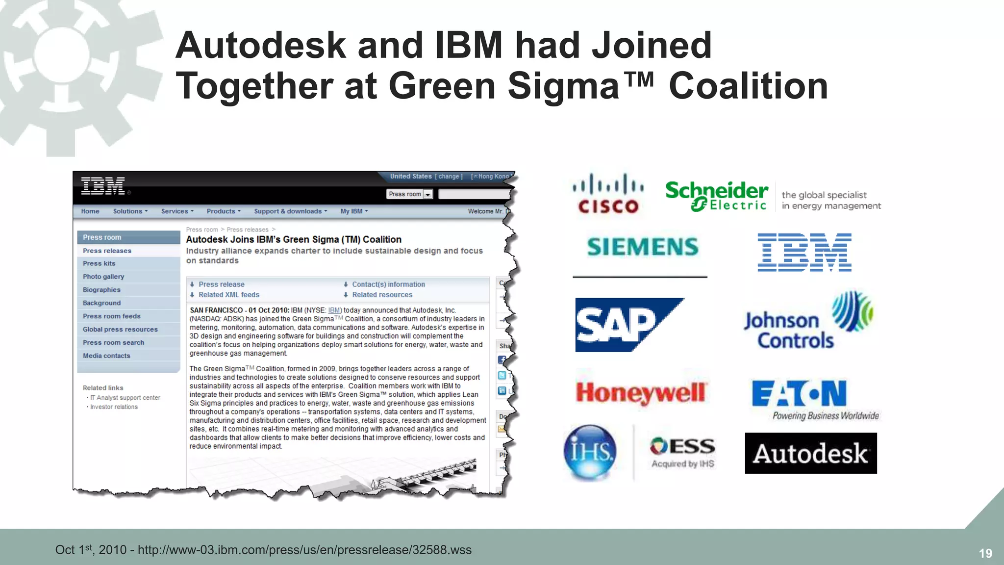 Autodesk and IBM had Joined
Together at Green Sigma™ Coalition
19Oct 1st, 2010 - http://www-03.ibm.com/press/us/en/pressrelease/32588.wss
Building Technologies
 