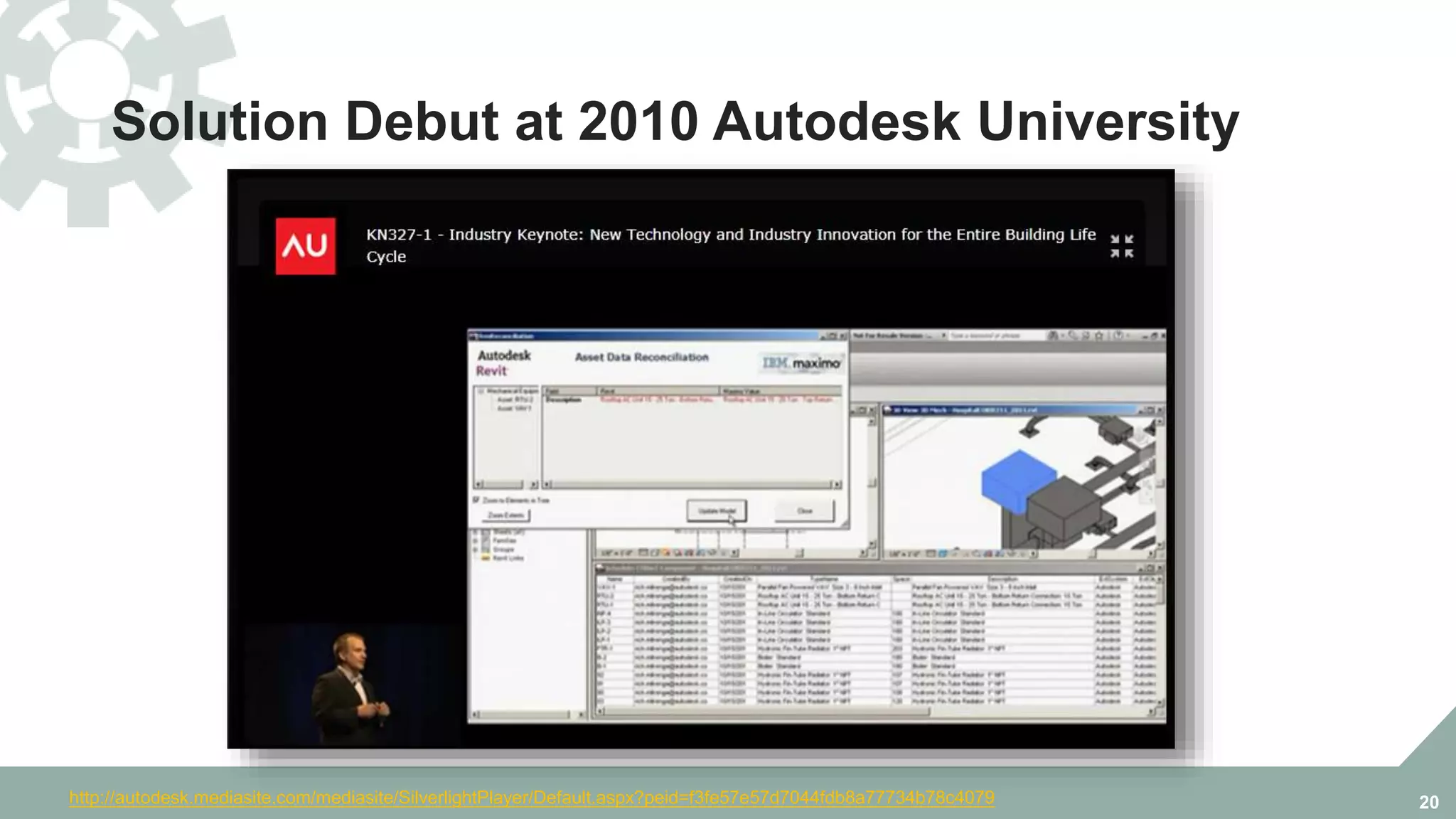 Solution Debut at 2010 Autodesk University
20http://autodesk.mediasite.com/mediasite/SilverlightPlayer/Default.aspx?peid=f3fe57e57d7044fdb8a77734b78c4079
 