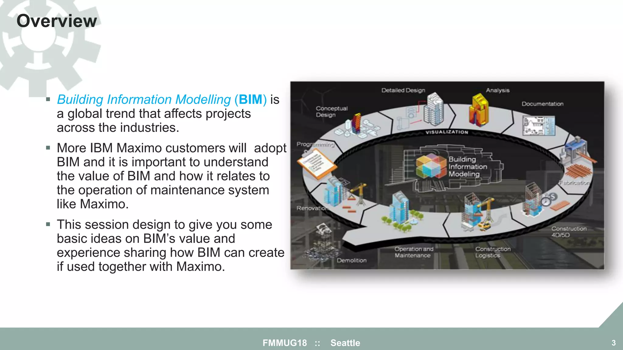 FMMUG18 :: Seattle 3
Overview
 Building Information Modelling (BIM) is
a global trend that affects projects
across the industries.
 More IBM Maximo customers will adopt
BIM and it is important to understand
the value of BIM and how it relates to
the operation of maintenance system
like Maximo.
 This session design to give you some
basic ideas on BIM’s value and
experience sharing how BIM can create
if used together with Maximo.
 
