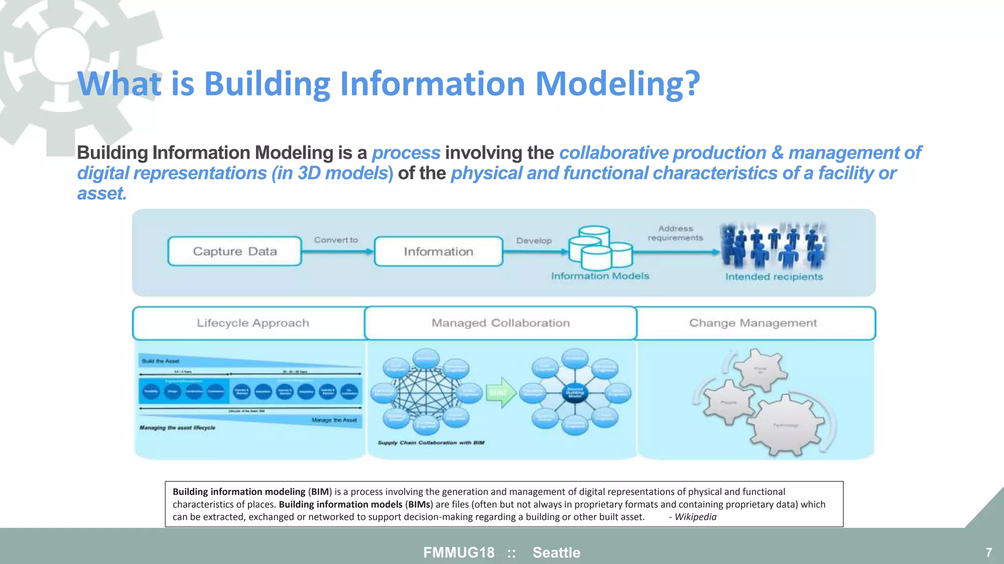 What is Building Information Modeling?
FMMUG18 :: Seattle 7
Building Information Modeling is a process involving the collaborative production & management of
digital representations (in 3D models) of the physical and functional characteristics of a facility or
asset.
Building information modeling (BIM) is a process involving the generation and management of digital representations of physical and functional
characteristics of places. Building information models (BIMs) are files (often but not always in proprietary formats and containing proprietary data) which
can be extracted, exchanged or networked to support decision-making regarding a building or other built asset. - Wikipedia
 