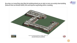 By using a cut away floor plan (like the building below) we are able to more accurately show building
features that can benefit UAPD, EHS and improve wayfinding within a building.
 