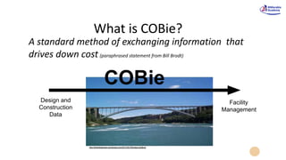 What is COBie?
Design and
Construction
Data
Facility
Management
A standard method of exchanging information that
drives down cost (paraphrased statement from Bill Brodt)
COBie
http://thelinkbetween.wordpress.com/2011/02/16/bridge-building/
 