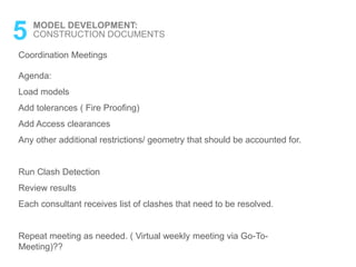 Coordination Meetings
Agenda:
Load models
Add tolerances ( Fire Proofing)
Add Access clearances
Any other additional restrictions/ geometry that should be accounted for.
Run Clash Detection
Review results
Each consultant receives list of clashes that need to be resolved.
Repeat meeting as needed. ( Virtual weekly meeting via Go-To-
Meeting)??
5 MODEL DEVELOPMENT:
CONSTRUCTION DOCUMENTS
 