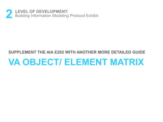 2 LEVEL OF DEVELOPMENT:
Building Information Modeling Protocol Exhibit
VA OBJECT/ ELEMENT MATRIX
SUPPLEMENT THE AIA E202 WITH ANOTHER MORE DETAILED GUIDE
 
