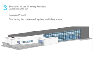 3 Evolution of the Drawing Process
Capabilities for 3D
Example Project
Fine tuning the curtain wall system and lobby space
 