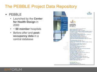 The PEBBLE Project Data Repository
 PEBBLE
• Launched by the Center
for Health Design in
2000
• ~ 60 member hospitals
• Before-after and post-
occupancy data in a
central database
 