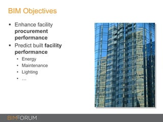 BIM Objectives
 Enhance facility
procurement
performance
 Predict built facility
performance
• Energy
• Maintenance
• Lighting
• …
 