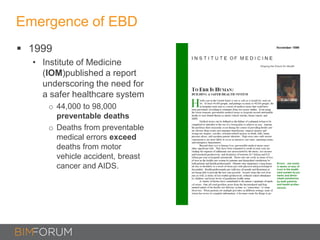 Emergence of EBD
 1999
• Institute of Medicine
(IOM)published a report
underscoring the need for
a safer healthcare system
o 44,000 to 98,000
preventable deaths
o Deaths from preventable
medical errors exceed
deaths from motor
vehicle accident, breast
cancer and AIDS.
 