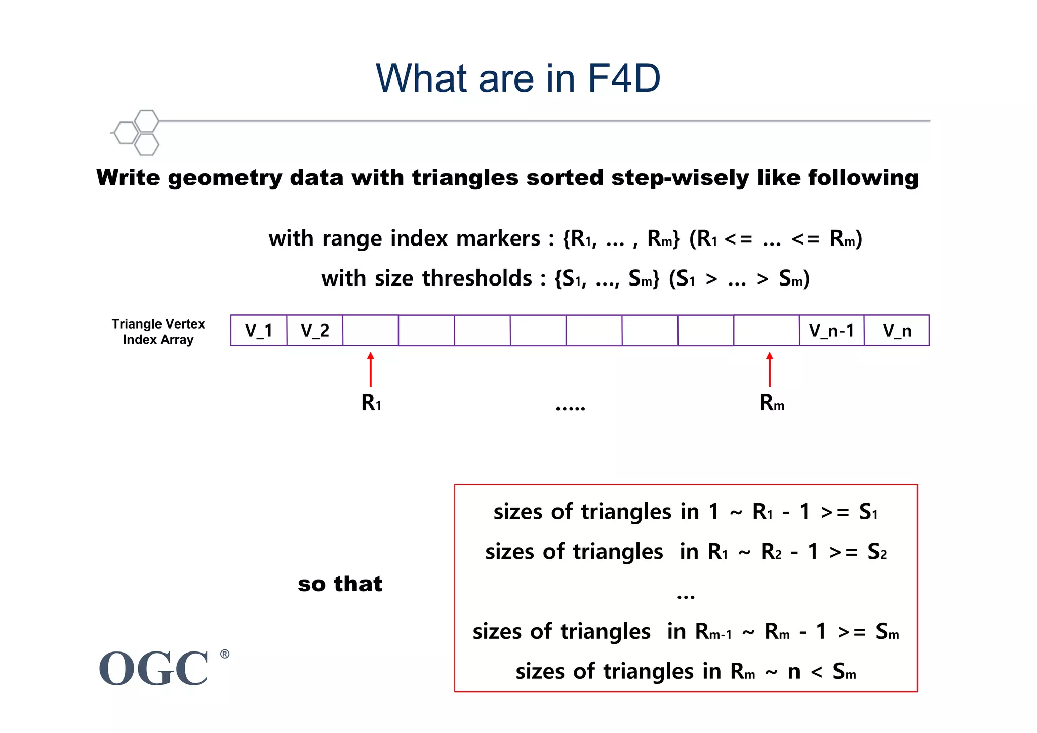 OGC
®
Write geometry data with triangles sorted step-wisely like following
What are in F4D
Triangle Vertex
Index Array
V_1 V_2 V_n-1 V_n
with range index markers : {R1, … , Rm} (R1 <= … <= Rm)
with size thresholds : {S1, …, Sm} (S1 > … > Sm)
R1 ….. Rm
sizes of triangles in 1 ~ R1 - 1 >= S1
sizes of triangles in R1 ~ R2 - 1 >= S2
…
sizes of triangles in Rm-1 ~ Rm - 1 >= Sm
sizes of triangles in Rm ~ n < Sm
so that
 