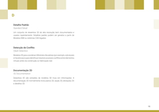 10
Detecção de Conflito
Documentação 2D
Detalhe Padrão
Modelos 3D para coordenar diferentes disciplinas (por exemplo, estruturais
e mecânicas) e para identificar/resolver possíveis conflitos entre elementos
virtuais antes da construção ou fabricação real.
Desenhos 2D são extraídos de modelos 3D ricos em informações. A
documentação 2D normalmente inclui planos 2D, seção 2D, elevações 2D
e detalhes 2D.
Um conjunto de desenhos 2D de alta resolução bem documentados e
usados repetidamente. Detalhes padrão podem ser gerados a partir de
Modelos BIM ou sistemas CAD legados.
Clash Detection
2D Documentation
Standard Detail
D
 