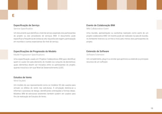13
Especificação de Serviço Evento de Colaboração BIM
Extensão de Software
Especificações de Progressão do Modelo
Estudos de Vento
Um documento que identifica o nível de serviço esperado dos participantes
do projeto ou dos provedores de serviços BIM. O documento pode
especificarafrequênciadevisitasaosite,requisitosdeviagem,participação
em reuniões e outras expectativas de nível de serviço.
Uma reunião, apresentação ou workshop realizado como parte de um
projeto colaborativo BIM. Um evento pode ser realizado na sala de reunião,
no Ambiente Imersivo ou on-line e inclui pelo menos dois participantes do
projeto.
Um complemento, plug-in ou similar que aprimora ou estende os principais
recursos de um software.
Uma especificação usada em Projetos Colaborativos BIM para identificar
quem é o autor de cada elemento do modelo (ou conjunto de elementos),
quais elementos devem ser trocados entre os participantes do projeto,
quando trocá-los e em que Nível de Desenvolvimento (LOD).
Um modelo de uso representando como os modelos 3D são usados para
simular os efeitos do vento nas estruturas. A simulação destina-se a
informar o processo de design, identificando orientações e formas ideais.
Modelos BIM de estruturas existentes também podem ser usados para
fins de realização de Estudos de Vento.
Service Specification BIM Collaboration Event
Software Extension
Model Progression Specifications
Wind Studies
E
 