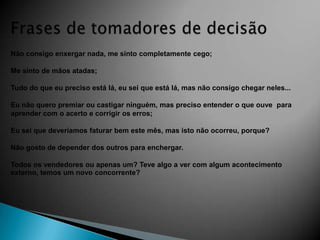 Não consigo enxergar nada, me sinto completamente cego;

Me sinto de mãos atadas;

Tudo do que eu preciso está lá, eu sei que está lá, mas não consigo chegar neles...

Eu não quero premiar ou castigar ninguém, mas preciso entender o que ouve para
aprender com o acerto e corrigir os erros;

Eu sei que deveríamos faturar bem este mês, mas isto não ocorreu, porque?

Não gosto de depender dos outros para enchergar.

Todos os vendedores ou apenas um? Teve algo a ver com algum acontecimento
externo, temos um novo concorrente?
 