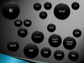 DOLAP                          HOLAP
                          MOLAP



BI                                                           OLAP
                                     ROLAP




       DW         DM

                                                 MDX

            ETL                                                              DAX
                         METADADOS

                                                     PIVOT
                                                     TABLE          POWER
                                                                    PIVOT
OLTP

                   ERP
                                        SAE
                                                        SAD             SIG
 
