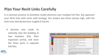 Plan Your Revit Links Carefully
It is common practice to distribute model elements over multiple link files. But approach
your Revit links with some solid strategy. Our project was three storeys high, with the
built mass distributed over roughly 0.7sq km.
A decision was made to
vertically slice the building at
two locations (the floor
expansion joints), and store
the three parts in separate
link files.
 