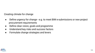 CHANGE MANAGEMENT
Creating climate for change
● Deﬁne urgency for change - e.g. to meet BIM e-submissions or new project
procurement requirements
● Deﬁne clear vision, goals and programme
● Understand key risks and success factors
● Formulate change strategies and levers
166
 