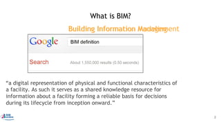 “a digital representation of physical and functional characteristics of
a facility. As such it serves as a shared knowledge resource for
information about a facility forming a reliable basis for decisions
during its lifecycle from inception onward.”
Building Information ModelingBuilding Information Management
What is BIM?
2
 