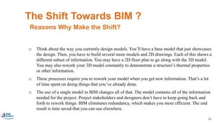 24
The Shift Towards BIM ?
o Think about the way you currently design models. You’ll have a base model that just showcases
the design. Then, you have to build several more models and 2D drawings. Each of this shows a
different subset of information. You may have a 2D floor plan to go along with the 3D model.
You may also rework your 3D model constantly to demonstrate a structure’s thermal properties
or other information.
o These processes require you to rework your model when you get new information. That’s a lot
of time spent on doing things that you’ve already done.
o The use of a single model in BIM changes all of that. The model contains all of the information
needed for the project. Project stakeholders and designers don’t have to keep going back and
forth to rework things. BIM eliminates redundancy, which makes you more efficient. The end
result is time saved that you can use elsewhere.
Reasons Why Make the Shift?
2. Less Work For You.
 