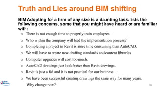 26
Truth and Lies around BIM shifting
o There is not enough time to properly train employees.
o Who within the company will lead the implementation process?
o Completing a project in Revit is more time consuming than AutoCAD.
o We will have to create new drafting standards and content libraries.
o Computer upgrades will cost too much.
o AutoCAD drawings just look better than Revit drawings.
o Revit is just a fad and it is not practical for our business.
o We have been successful creating drawings the same way for many years.
Why change now?
BIM Adopting for a firm of any size is a daunting task. lists the
following concerns, some that you might have heard or are familiar
with:
 