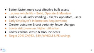 Why BIM?● Better, faster, more cost effective built assets
● …across whole life - Build, Operate & Maintain
● Earlier visual understanding - clients, operators, users
● Early Employer's Information Requirements
● Greater outcome & cost certainty, fewer changes
● Lower risk premium, higher utilisation
● Lower carbon, waste & H&S incidents
● Target 20% CAPEX, 33% WHOLE LIFE savings
3
 