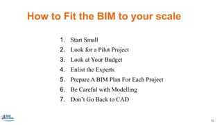 32
How to Fit the BIM to your scale
1. Start Small
2. Look for a Pilot Project
3. Look at Your Budget
4. Enlist the Experts
5. Prepare A BIM Plan For Each Project
6. Be Careful with Modelling
7. Don’t Go Back to CAD
 