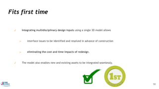 Fits first time
✓ Integrating multidisciplinary design inputs using a single 3D model allows
➢ interface issues to be identified and resolved in advance of construction
➢ eliminating the cost and time impacts of redesign.
✓ The model also enables new and existing assets to be integrated seamlessly.
50
 