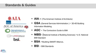 Standards & Guides
• AIA – (The American Institute of Architects)
• GSA (General Services Administration ) - 3D-4D Building
Information Modeling.
• AGC - The Contractors Guide to BIM
• NIBS- (National Institute of Building Sciences) -U.S. National
BIM Standard
• BSA –Building SMART Alliance.
• BSI - BIM Standards
72
 