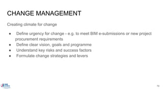CHANGE MANAGEMENT
Creating climate for change
● Define urgency for change - e.g. to meet BIM e-submissions or new project
procurement requirements
● Define clear vision, goals and programme
● Understand key risks and success factors
● Formulate change strategies and levers
79
 